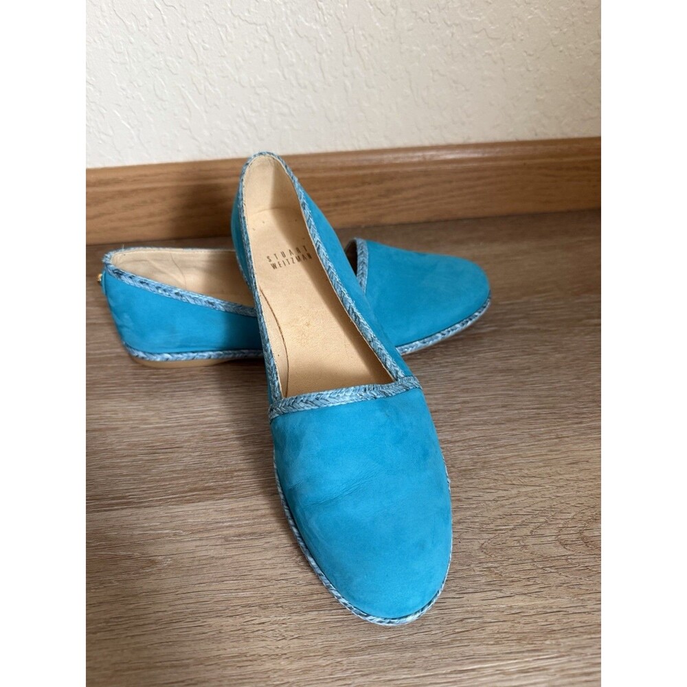 Stuart Weitzman Bright Blue Suede Slip On Loafers Flats Woven Trim Women’s 7.5